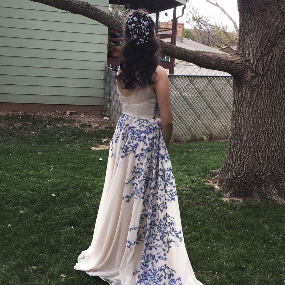 Off White Gown with Blue and Turquoise Floral Embroidery